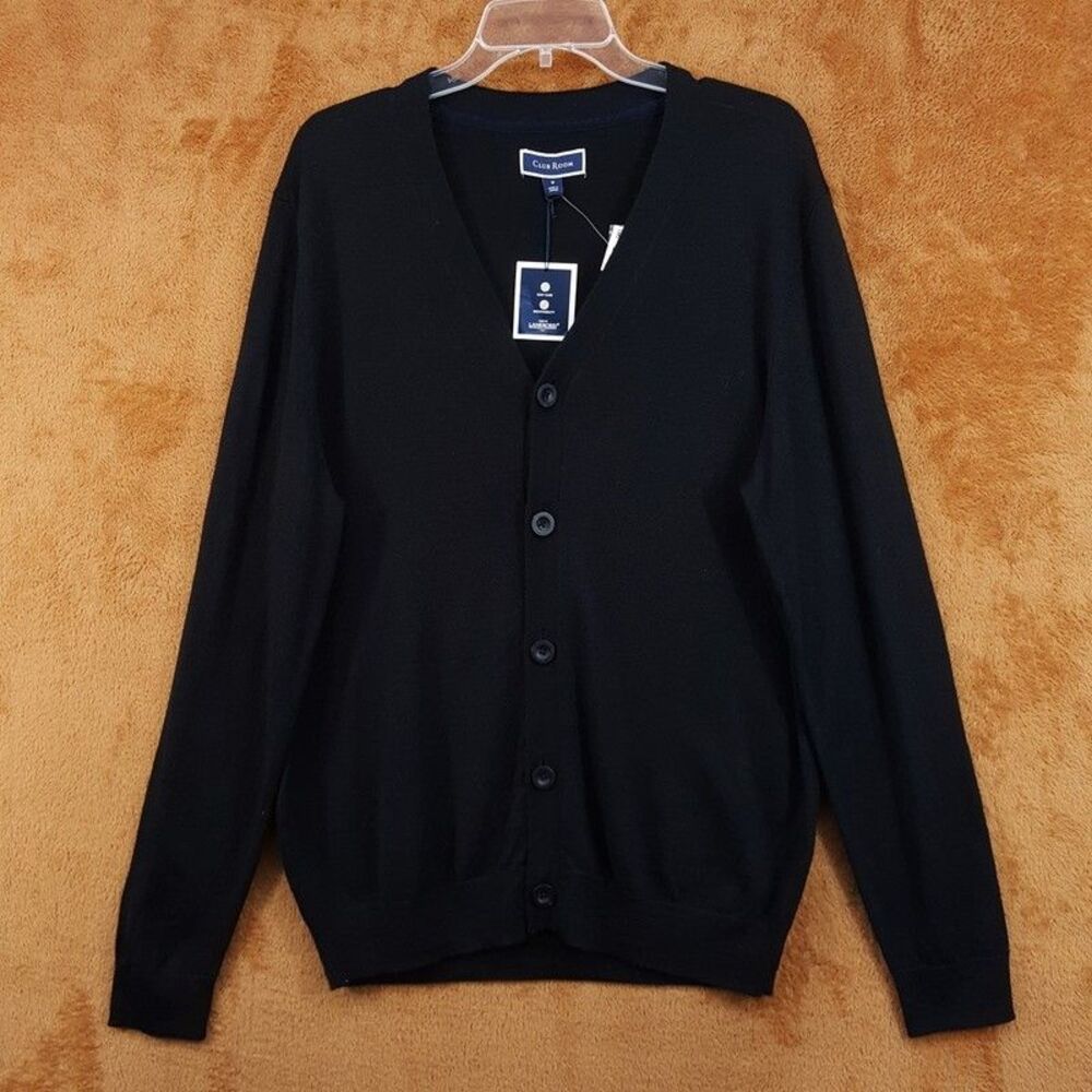 CLUB ROOM Sweater Mens Medium Black Cardigan Merino Wool Blend